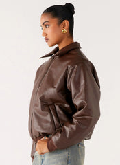 Outlands Faux Leather Bomber Jacket - Chocolate